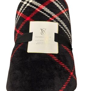 Victoria's Secret Black Plush Blanket with Red & White Plaid